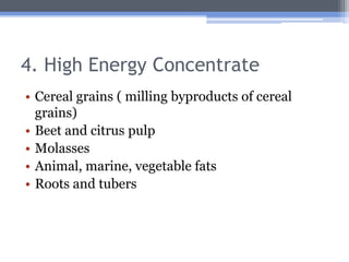 4. High Energy Concentrate
• Cereal grains ( milling byproducts of cereal
  grains)
• Beet and citrus pulp
• Molasses
• Animal, marine, vegetable fats
• Roots and tubers
 