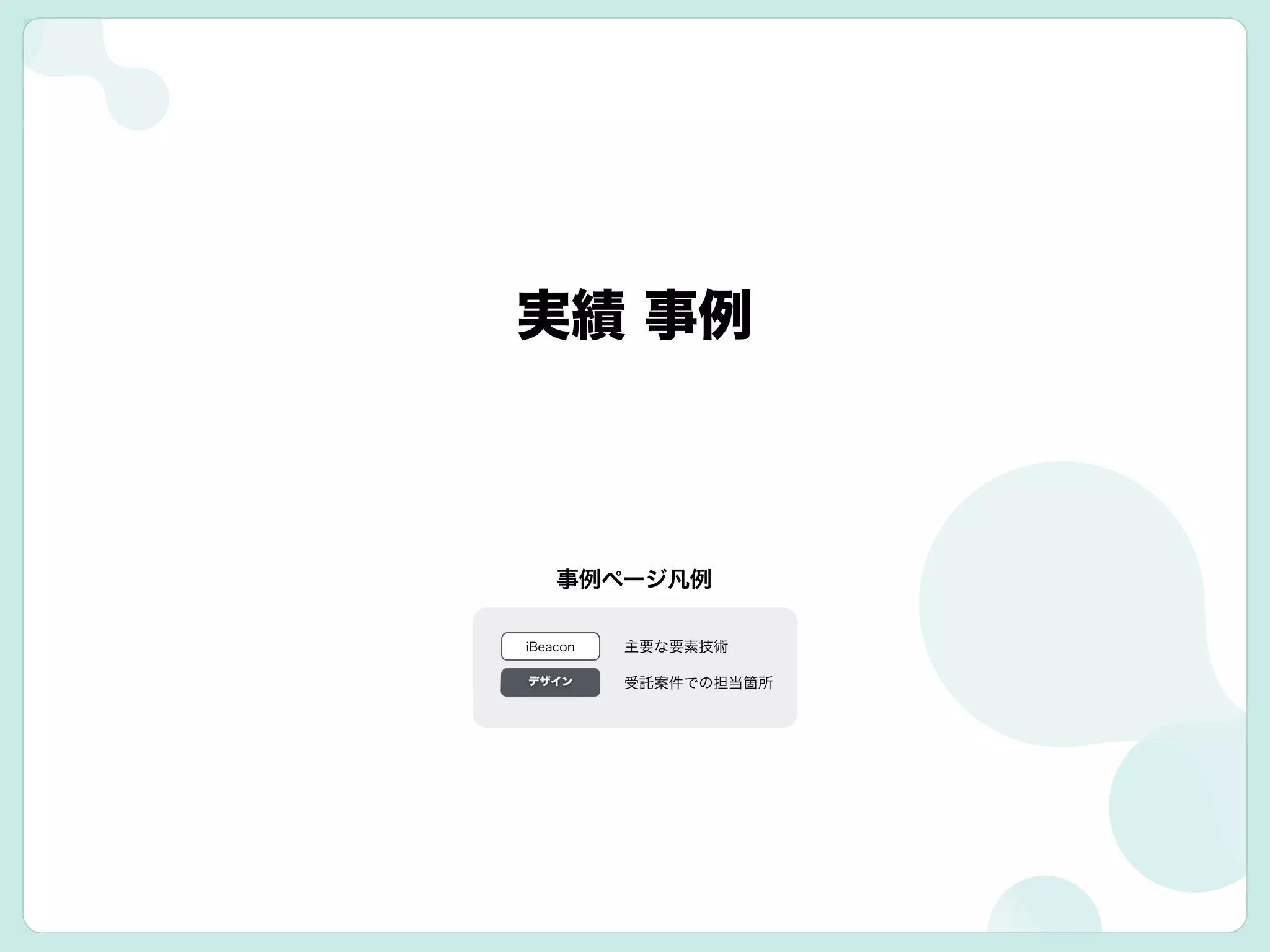 実績 事例
事例ページ凡例
iBeacon 主要な要素技術
デザイン 受託案件での担当箇所
 