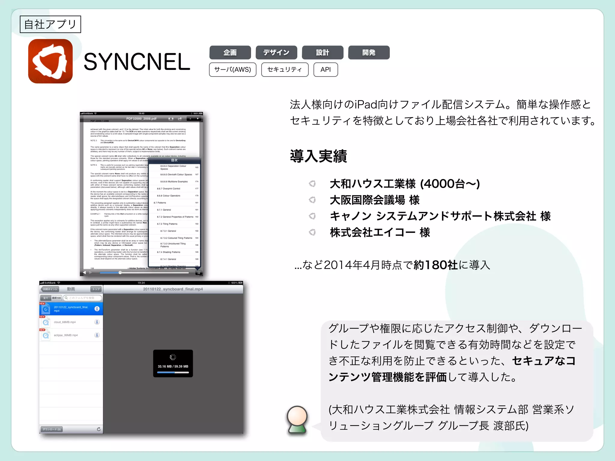 SYNCNEL
導入実績
大和ハウス工業様 (4000台∼)
大阪国際会議場 様
キャノン システムアンドサポート株式会社 様
株式会社エイコー 様
...など2014年4月時点で約180社に導入
自社アプリ
グループや権限に応じたアクセス制御や、ダウンロー
ドしたファイルを閲覧できる有効時間などを設定で
き不正な利用を防止できるといった、セキュアなコ
ンテンツ管理機能を評価して導入した。
!
(大和ハウス工業株式会社 情報システム部 営業系ソ
リューショングループ グループ長 渡部氏)
デザイン 設計 開発企画
サーバ(AWS) APIセキュリティ
法人様向けのiPad向けファイル配信システム。簡単な操作感と
セキュリティを特徴としており上場会社各社で利用されています。
 