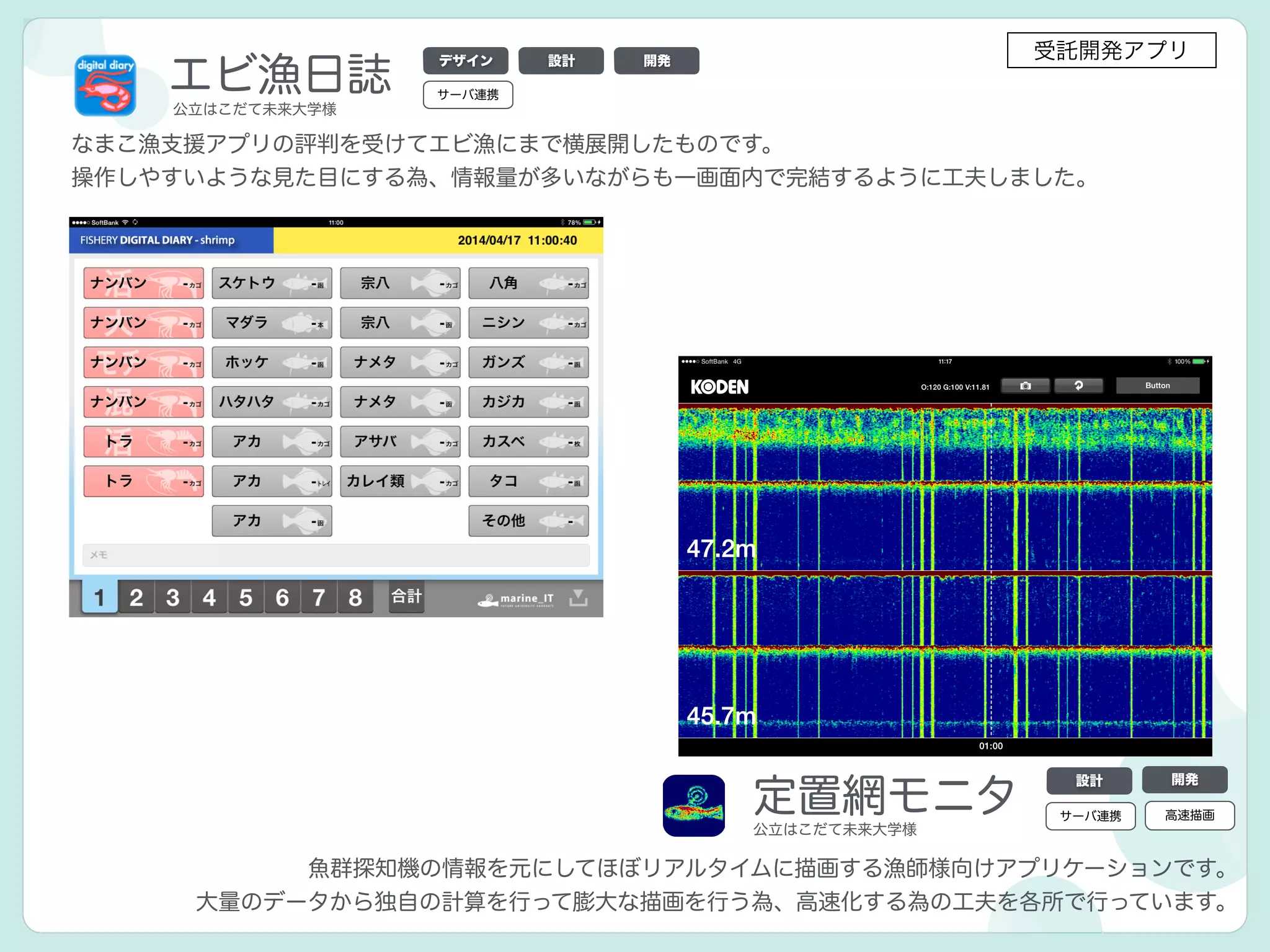エビ漁日誌
デザイン 設計 開発
なまこ漁支援アプリの評判を受けてエビ漁にまで横展開したものです。
操作しやすいような見た目にする為、情報量が多いながらも一画面内で完結するように工夫しました。
定置網モニタ
設計 開発
魚群探知機の情報を元にしてほぼリアルタイムに描画する漁師様向けアプリケーションです。
大量のデータから独自の計算を行って膨大な描画を行う為、高速化する為の工夫を各所で行っています。
公立はこだて未来大学様
公立はこだて未来大学様
サーバ連携
サーバ連携 高速描画
受託開発アプリ
 
