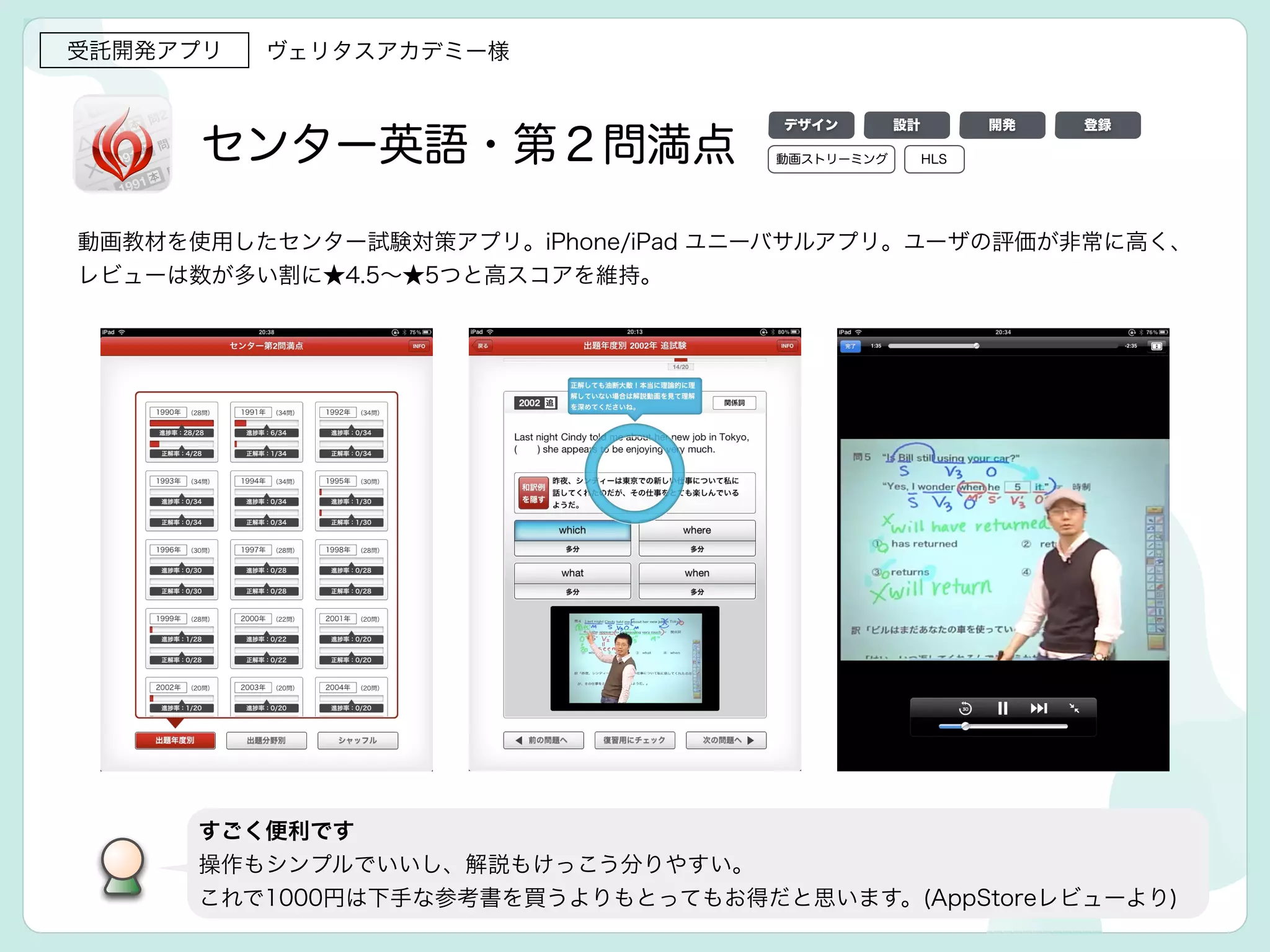 センター英語・第２問満点
動画教材を使用したセンター試験対策アプリ。iPhone/iPad ユニーバサルアプリ。ユーザの評価が非常に高く、
レビューは数が多い割に★4.5∼★5つと高スコアを維持。
すごく便利です
操作もシンプルでいいし、解説もけっこう分りやすい。
これで1000円は下手な参考書を買うよりもとってもお得だと思います。(AppStoreレビューより)
受託開発アプリ ヴェリタスアカデミー様
デザイン 設計 開発 登録
動画ストリーミング HLS
 