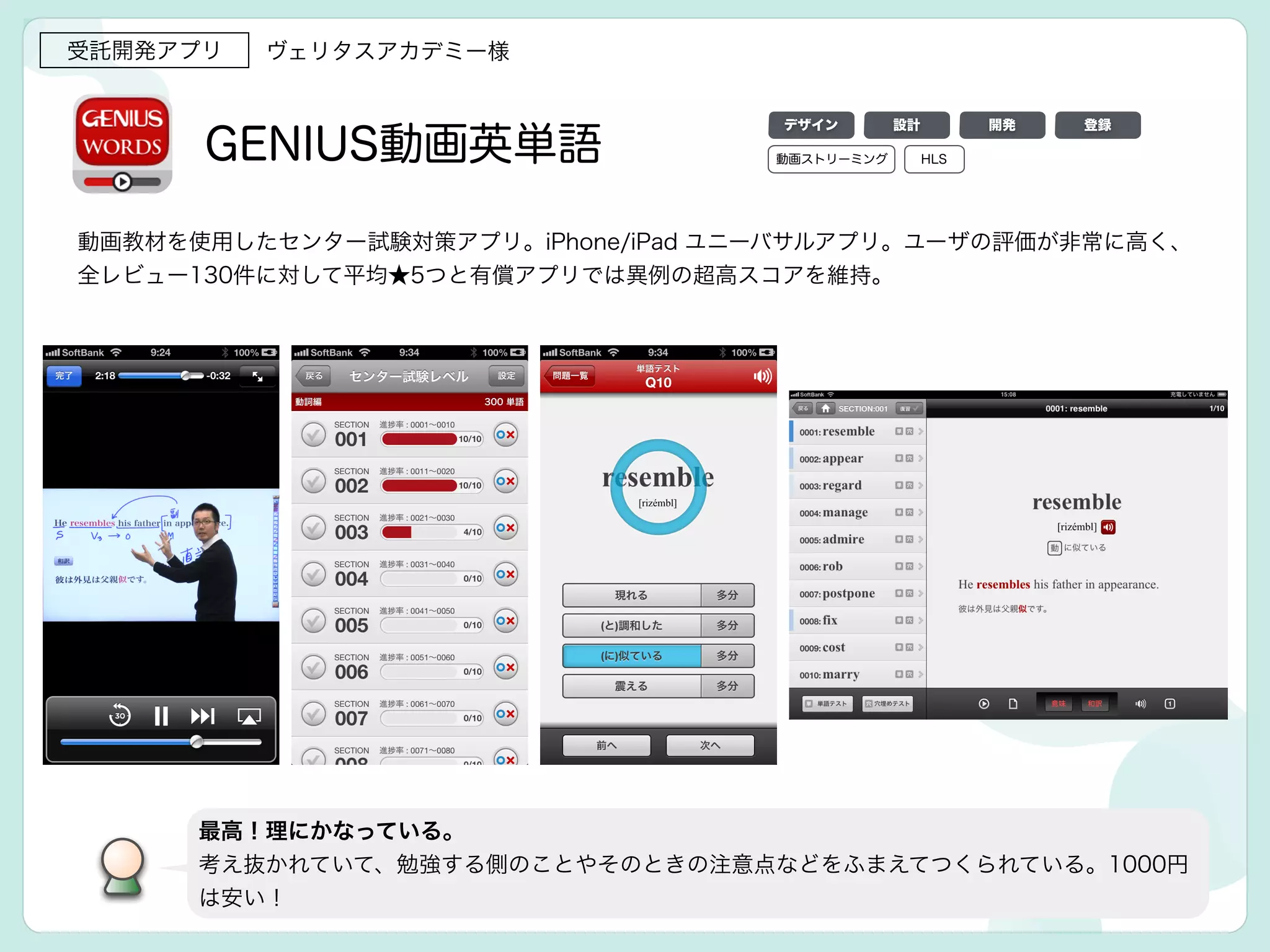 GENIUS動画英単語
動画教材を使用したセンター試験対策アプリ。iPhone/iPad ユニーバサルアプリ。ユーザの評価が非常に高く、
全レビュー130件に対して平均★5つと有償アプリでは異例の超高スコアを維持。
最高！理にかなっている。
考え抜かれていて、勉強する側のことやそのときの注意点などをふまえてつくられている。1000円
は安い！
受託開発アプリ ヴェリタスアカデミー様
デザイン 設計 開発 登録
動画ストリーミング HLS
 
