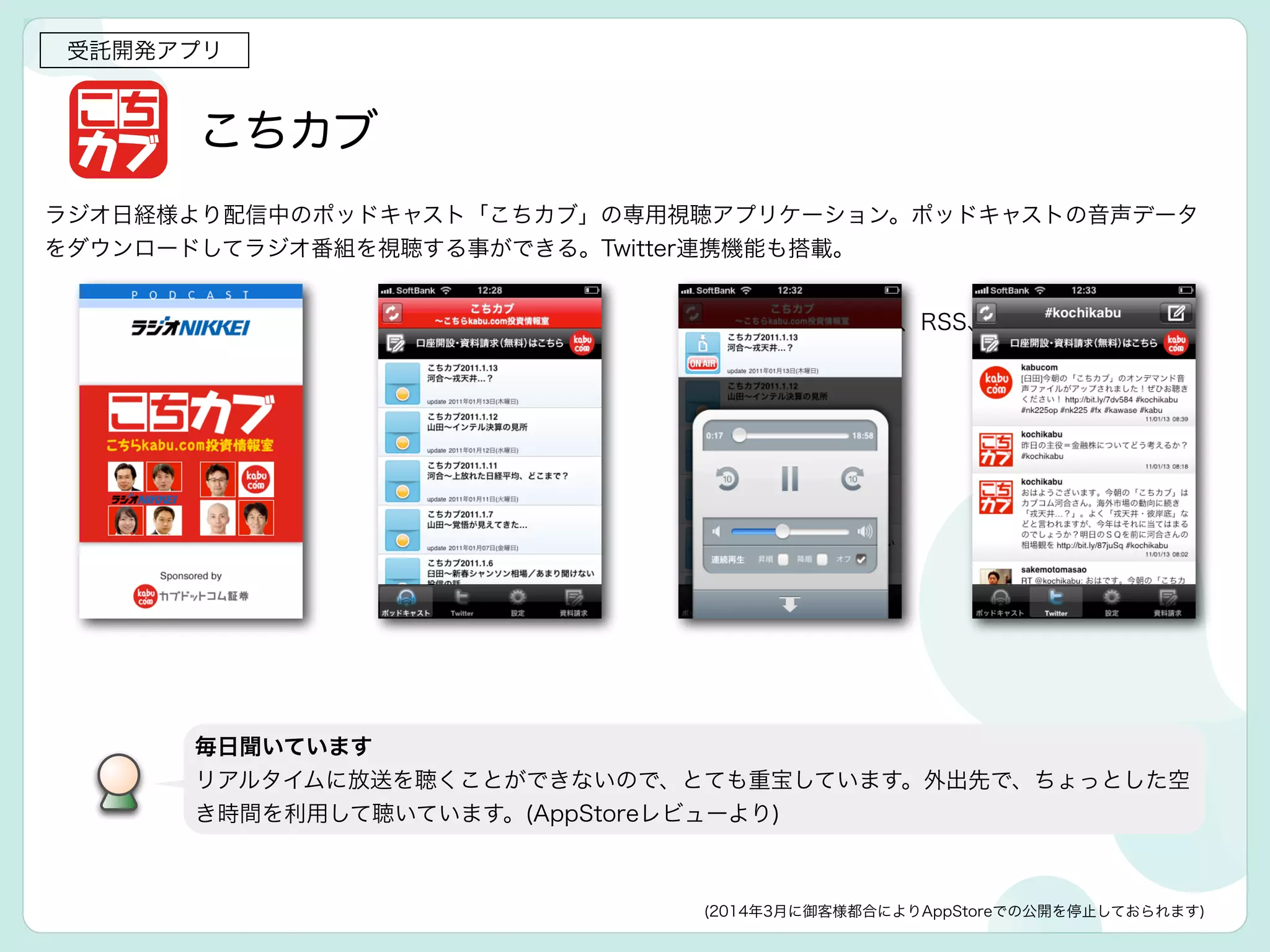 こちカブ
(ポッドキャスト、RSS、Twitter連携)
受託開発アプリ
毎日聞いています
リアルタイムに放送を聴くことができないので、とても重宝しています。外出先で、ちょっとした空
き時間を利用して聴いています。(AppStoreレビューより)
ラジオ日経様より配信中のポッドキャスト「こちカブ」の専用視聴アプリケーション。ポッドキャストの音声データ
をダウンロードしてラジオ番組を視聴する事ができる。Twitter連携機能も搭載。
(2014年3月に御客様都合によりAppStoreでの公開を停止しておられます)
 
