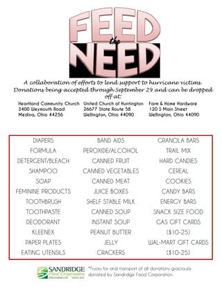 the
A collaboration of efforts to lend support to hurricane victims.
Donations being accepted through September 29 and can be dropped
off at:
DIAPERS
FORMULA
DETERGENT/BLEACH
SHAMPOO
SOAP
FEMININE PRODUCTS
TOOTHBRUSH
TOOTHPASTE
DEODORANT
KLEENEX
PAPER PLATES
EATING UTENSILS
BAND AIDS
PEROXIDE/ALCOHOL
CANNED FRUIT
CANNED VEGETABLES
CANNED MEAT
JUICE BOXES
SHELF STABLE MILK
CANNED SOUP
INSTANT SOUP
PEANUT BUTTER
JELLY
CRACKERS
GRANOLA BARS
TRAIL MIX
HARD CANDIES
CEREAL
COOKIES
CANDY BARS
ENERGY BARS
SNACK SIZE FOOD
GAS GIFT CARDS
($10-25)
WAL-MART GIFT CARDS
($10-25)
Heartland Community Church
3400 Weymouth Road
Medina, Ohio 44256
United Church of Huntington
26677 State Route 58
Wellington, Ohio 44090
Farm & Home Hardware
120 S Main Street
Wellington, Ohio 44090
*Trucks for and transport of all donations graciously
donated by Sandridge Food Corporation.
 