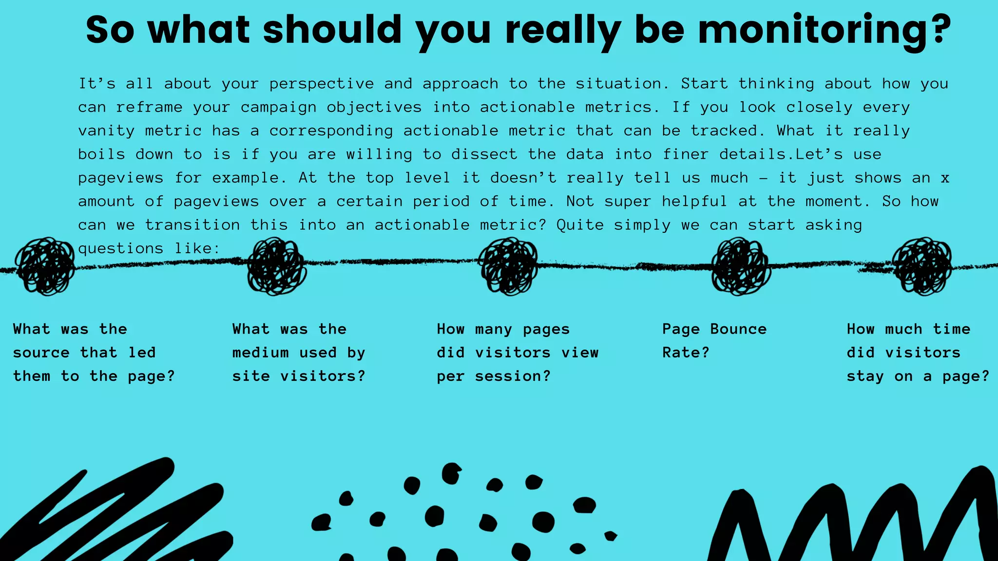What was the
source that led
them to the page?
So what should you really be monitoring?
What was the
medium used by
site visitors?
How many pages
did visitors view
per session?
Page Bounce
Rate?
It’s all about your perspective and approach to the situation. Start thinking about how you
can reframe your campaign objectives into actionable metrics. If you look closely every
vanity metric has a corresponding actionable metric that can be tracked. What it really
boils down to is if you are willing to dissect the data into finer details.Let’s use
pageviews for example. At the top level it doesn’t really tell us much – it just shows an x
amount of pageviews over a certain period of time. Not super helpful at the moment. So how
can we transition this into an actionable metric? Quite simply we can start asking
questions like:
How much time
did visitors
stay on a page?
 