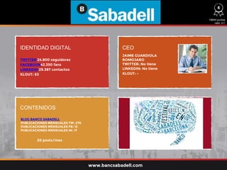 IDENTIDAD DIGITAL CEO
CONTENIDOS
TWITTER 24.800 seguidores
FACEBOOK42.350 fans
LINKEDIN 29.387 contactos
KLOUT: 63
BLOG BANCO SABADELL
PUBLICACIONES MENSUALES TW: 270
PUBLICACIONES MENSUALES FB: 15
PUBLICACIONES MENSUALES IN: 17
JAIME GUARDIOLA
ROMOJARO
TWITTER: No tiene
LINKEDIN: No tiene
KLOUT: -
19644 puntos
ratio: 817
www.bancsabadell.com
20 posts/mes
6
 