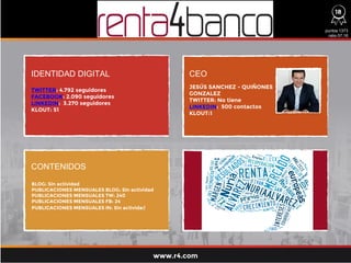 IDENTIDAD DIGITAL CEO
CONTENIDOS
TWITTER: 4.792 seguidores
FACEBOOK: 2.090 seguidores
LINKEDIN: 3.270 seguidores
KLOUT: 51
BLOG: Sin actividad
PUBLICACIONES MENSUALES BLOG: Sin actividad
PUBLICACIONES MENSUALES TW: 240
PUBLICACIONES MENSUALES FB: 24
PUBLICACIONES MENSUALES IN: Sin actividad
JESÚS SANCHEZ - QUIÑONES
GONZALEZ
TWITTER: No tiene
LINKEDIN: 500 contactos
KLOUT:1
puntos 1373
ratio:57,16
www.r4.com
18
 
