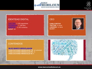 IDENTIDAD DIGITAL CEO
CONTENIDOS
TWITTER : 2. 620 seguidores
FACEBOOK : 7. 026 fans
LINKEDIN: 5.183 contactos
KLOUT: 52
BLOG BANCO MEDIOLANUM
PUBLICACIONES MENSUALES TW: sin actividad
PUBLICACIONES MENSUALES FB: 15
PUBLICACIONES MENSUALES IN: 6
CARLO SECCHI
TWITTER: no tiene
LINKEDIN: no tiene
KLOUT: -
Puntos 185,07
ratio: 7,70
www.bancomediolanum.es
28
 