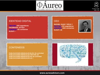 IDENTIDAD DIGITAL CEO
CONTENIDOS
TWITTER: 501 seguidores
FACEBOOK: 49 fans
LINKEDIN: 82 contactos
KLOUT: -
PUBLICACIONES MENSUALES BLOG: Sin actividad
PUBLICACIONES MENSUALES TWITTER: 36
PUBLICACIONES MENSUALES FB: Sin actividad
PUBLICACIONES MENSUALES LN: 1
RAFAEL JUAN Y SEVA Y
TWITTER: 219 seguidores
LINKEDIN: 500 contactos
KLOUT: 48
Puntos 13,00
ratio: 0,54
www.aureoadvisors.com
37
 