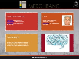 IDENTIDAD DIGITAL CEO
CONTENIDOS
TWITTER: 38 seguidores
FACEBOOK: 178 seguidores
LINKEDIN: 110 seguidores
KLOUT: 42
PUBLICACIONES MENSUALES TW: 7
PUBLICACIONES MENSUALES FB: 4
PUBLICACIONES MENSUALES IN: 7
JOSEP ISERN ROVIRA
TWITTER: No tiene
LINKEDIN: 142 seguidores
KLOUT:1
Puntos 2,35
ratio: 0,10
www.merchbanc.es
448
 