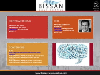 IDENTIDAD DIGITAL CEO
CONTENIDOS
TWITTER: No tiene
FACEBOOK: No tiene
LINKEDIN: 58 contactos
KLOUT: -
BLOG:
http://www.bissanvalueinvesting.com/blog-
medium/
PUBLICACIONES MENSUALES BLOG: Sin actividad
PUBLICACIONES MENSUALES TWITTER: Sin
actividad
PUBLICACIONES MENSUALES FB: Sin actividad
PUBLICACIONES MENSUALES LN: Sin actividad
XAVIER SAN MIGUEL
MORAGAS
TWITTER: 58 seguidores
LINKEDIN: 500 contactos
KLOUT: 43
Puntos 0,24
ratio: 0,01
www.bissanvalueinvesting.com
62
 