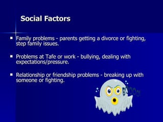 Social Factors Family problems - parents getting a divorce or fighting, step family issues. Problems at Tafe or work - bullying, dealing with expectations/pressure.  Relationship or friendship problems - breaking up with someone or fighting.   