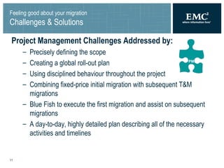 Feeling good about your migration Challenges & Solutions Project Management Challenges Addressed by: Precisely defining the scope Creating a global roll-out plan Using disciplined behaviour throughout the project Combining fixed-price initial migration with subsequent T&M migrations Blue Fish to execute the first migration and assist on subsequent migrations A day-to-day, highly detailed plan describing all of the necessary activities and timelines PM 