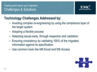 Feeling good about your migration Challenges & Solutions Technology Challenges Addressed by: Avoiding complex re-engineering by using the compliance layer of the target system Adopting a flexible process Detecting issues early, through inspection and validation  Ensuring consistency by validating 100% of the migrated information against its specification Use common tools like MS Excel and MS Access Technology 