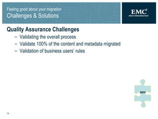 Feeling good about your migration Challenges & Solutions Quality Assurance Challenges Validating the overall process Validate 100% of the content and metadata migrated Validation of business users’ rules QAV 