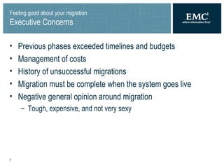 Feeling good about your migration Executive Concerns Previous phases exceeded timelines and budgets Management of costs History of unsuccessful migrations Migration must be complete when the system goes live Negative general opinion around migration Tough, expensive, and not very sexy 