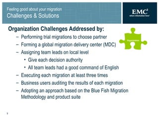 Feeling good about your migration Challenges & Solutions Organization Challenges Addressed by: Performing trial migrations to choose partner Forming a global migration delivery center (MDC) Assigning team leads on local level Give each decision authority  All team leads had a good command of English Executing each migration at least three times Business users auditing the results of each migration Adopting an approach based on the Blue Fish Migration Methodology and product suite Organization 