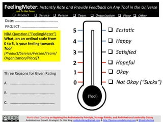 World-­‐class	
  Coaching	
  on	
  Applying	
  the	
  Ambidexterity	
  Principle,	
  Strategy	
  Pale7e,	
  and	
  Ambidextrous	
  Leadership	
  Galaxy	
  
Ambidextrous	
  Growth	
  Strategist.	
  Dr.	
  Rod	
  King.	
  rodkuhnhking@gmail.com	
  &	
  hAp://businessmodels.ning.com	
  &	
  @rodKuhnKing	
  
FeelingMeter:	
  Instantly	
  Rate	
  and	
  Provide	
  Feedback	
  on	
  Any	
  Tool	
  in	
  the	
  Universe	
  
Job	
  To	
  Get	
  Done:	
  ………………………………………………………………………………………………………………………………………………………….	
  
	
  q  Product	
   q  Service	
   q  Person	
   q  OrganizaAon	
   q  Place	
  q  Team	
   q  Other	
  
NBA	
  QuesHon	
  (“FeelingMeter”)	
  
What,	
  on	
  an	
  ordinal	
  scale	
  from	
  
0	
  to	
  5,	
  is	
  your	
  feeling	
  towards	
  
Tool	
  
[Product/Service/Person/Team/
OrganizaAon/Place]?	
  	
  
Date:	
  ………………………………..…....	
  	
  
PROJECT:	
  …………………………….....	
  
Three	
  Reasons	
  for	
  Given	
  RaHng	
  
	
  
A.  ………………………………………..	
  
B.  ………………………………………..	
  
C.  ………………………………………..	
  
	
  
0	
  
1	
  
2	
  
3	
  
4	
  
5	
  
q  Not	
  Okay	
  (“Sucks”)	
  
q  Okay	
  
q  Hopeful	
  
q  SaAsﬁed	
  
q  Happy	
  
q  EcstaAc	
  (Magical)	
  
(Tool)	
  
 