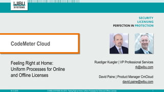 Feeling Right at Home:
Uniform Processes for Online
and Offline Licenses
Ruediger Kuegler | VP Professional Services
rk@wibu.com
David Paine | Product Manager CmCloud
david.paine@wibu.com
CodeMeter Cloud
04.12.2019 © WIBU-SYSTEMS AG 2019 - Feeling Right at Home: Uniform Processes for Online and Offline Licenses 1
 