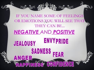 IF YOU NAME SOME OF FEELINGS
OR EMOTIONS YOU WILL SEE THAT
THEY CAN BE...
NEGATIVE AND POSITIVE
 