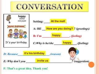 Setting: _______________ 
A: Hi! _____________________? (greetings) 
B: I’m __________________. (feeling) 
C:Why is he/she _______________.(feeling) 
D: Because_____________________.(reason) 
E: Why don’t you ______________________________? (suggestion) 
F: That’s a great idea. Thank you! 
 