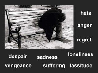 loneliness anger sadness hate suffering despair regret lassitude vengeance 