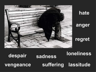 loneliness anger sadness hate suffering despair regret lassitude vengeance 