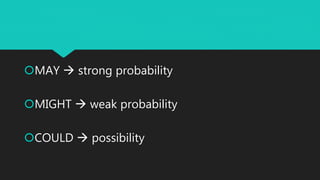MAY strong probability
MIGHT weak probability
COULD possibility
