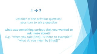 Listener of the previous question:
your turn to ask a question
what was something curious that you wanted to
ask more about?
E.g. “when you said [this], is there an example?”
“what do you mean by [that]?”
1  2
 