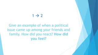 Give an example of when a political
issue came up among your friends and
family. How did you react? How did
you feel?
1  2
 