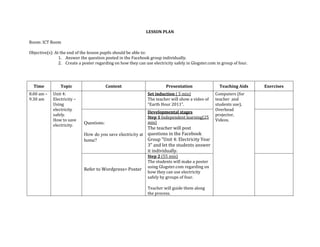 LESSON PLAN<br />Room: ICT Room<br />Objective(s): At the end of the lesson pupils should be able to:<br />Answer the question posted in the Facebook group individually.<br />Create a poster regarding on how they can use electricity safely in Glogster.com in group of four.<br />TimeTopicContentPresentationTeaching AidsExercises8.00 am – 9.30 amUnit 4: Electricity –Using electricity safely.How to save electricity.Set induction ( 5 min)The teacher will show a video of “Earth Hour 2011”.Computers (for teacher  and students use), Overhead projector, Videos.Questions:How do you save electricity at home?Developmental stagesStep 1 Independent learning(25 min)The teacher will post questions in the Facebook Group “Unit 4: Electricity Year 3” and let the students answer it individually.Refer to Wordpress> PosterStep 2 (55 min)The students will make a poster using Glogster.com regarding on how they can use electricity safely by groups of four.Teacher will guide them along the process.Questions:How you can save electricity?Closure (5 min)Recap back the main point f the lesson through Q&A session.<br />