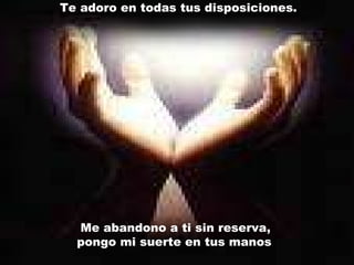 Me abandono a ti sin reserva,  pongo mi suerte en tus manos .  Te adoro en todas tus disposiciones. 