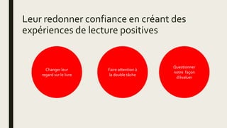 Leur redonner confiance en créant des
expériences de lecture positives
Faire attention à
la double tâche
Questionner
notre façon
d’évaluer
Changer leur
regard sur le livre
 