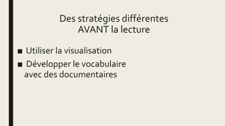 Des stratégies différentes
AVANT la lecture
■ Utiliser la visualisation
■ Développer le vocabulaire
avec des documentaires
 