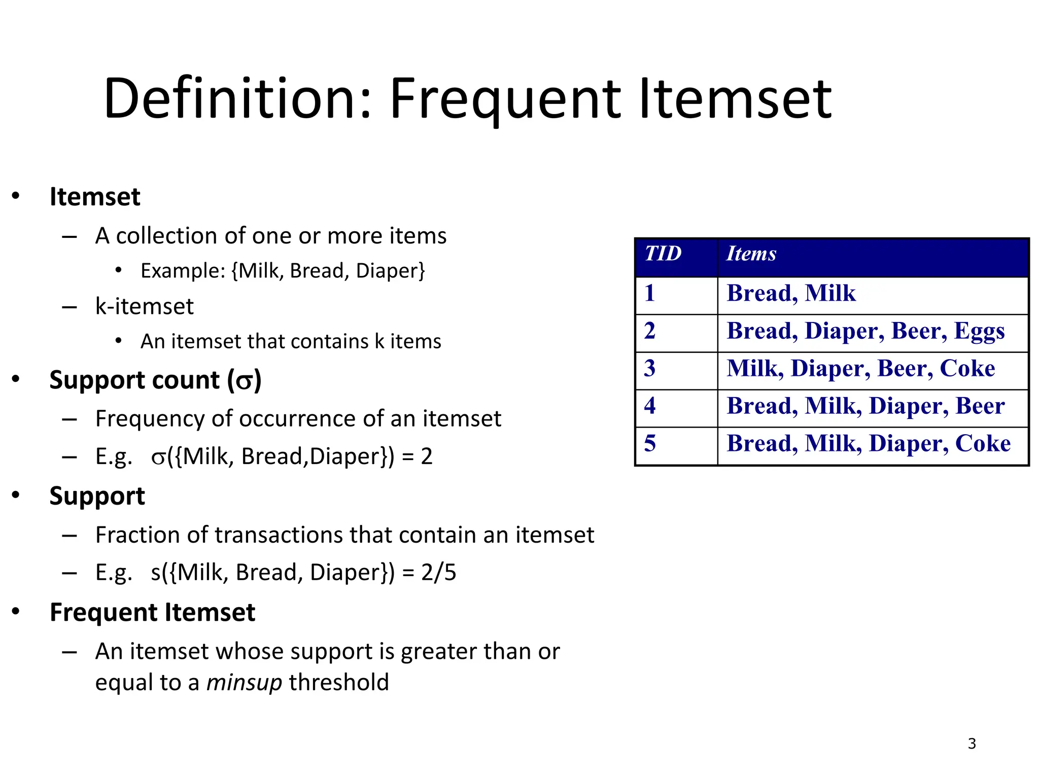 3
Definition: Frequent Itemset
• Itemset
– A collection of one or more items
• Example: {Milk, Bread, Diaper}
– k-itemset
• An itemset that contains k items
• Support count ()
– Frequency of occurrence of an itemset
– E.g. ({Milk, Bread,Diaper}) = 2
• Support
– Fraction of transactions that contain an itemset
– E.g. s({Milk, Bread, Diaper}) = 2/5
• Frequent Itemset
– An itemset whose support is greater than or
equal to a minsup threshold
TID Items
1 Bread, Milk
2 Bread, Diaper, Beer, Eggs
3 Milk, Diaper, Beer, Coke
4 Bread, Milk, Diaper, Beer
5 Bread, Milk, Diaper, Coke
 