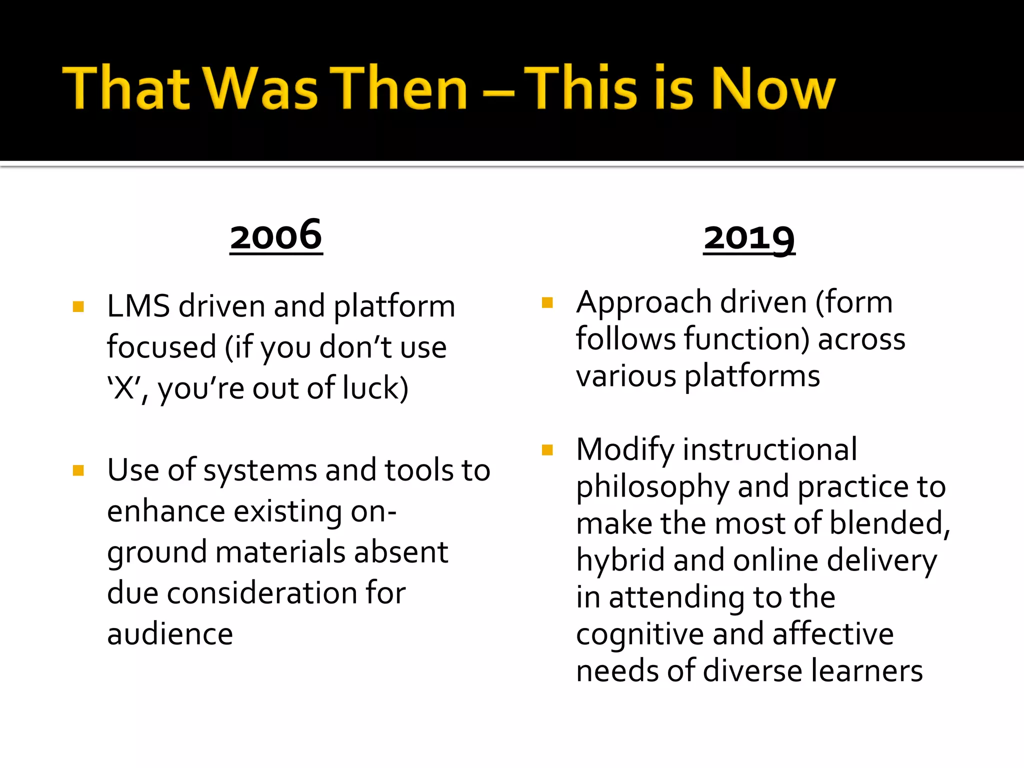 2006
 LMS driven and platform
focused (if you don’t use
‘X’, you’re out of luck)
 Use of systems and tools to
enhance existing on-
ground materials absent
due consideration for
audience
2019
 Approach driven (form
follows function) across
various platforms
 Modify instructional
philosophy and practice to
make the most of blended,
hybrid and online delivery
in attending to the
cognitive and affective
needs of diverse learners
 