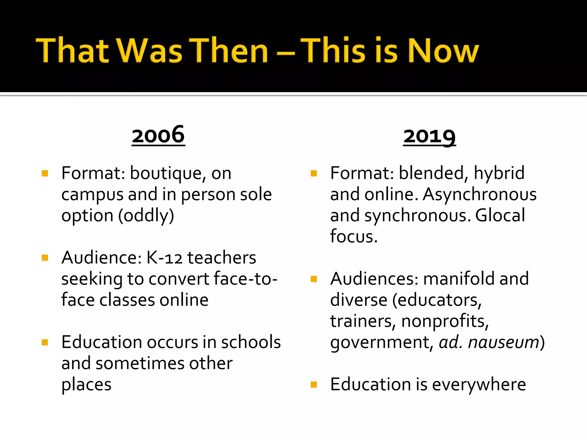 2006
 Format: boutique, on
campus and in person sole
option (oddly)
 Audience: K-12 teachers
seeking to convert face-to-
face classes online
 Education occurs in schools
and sometimes other
places
2019
 Format: blended, hybrid
and online. Asynchronous
and synchronous. Glocal
focus.
 Audiences: manifold and
diverse (educators,
trainers, nonprofits,
government, ad. nauseum)
 Education is everywhere
 