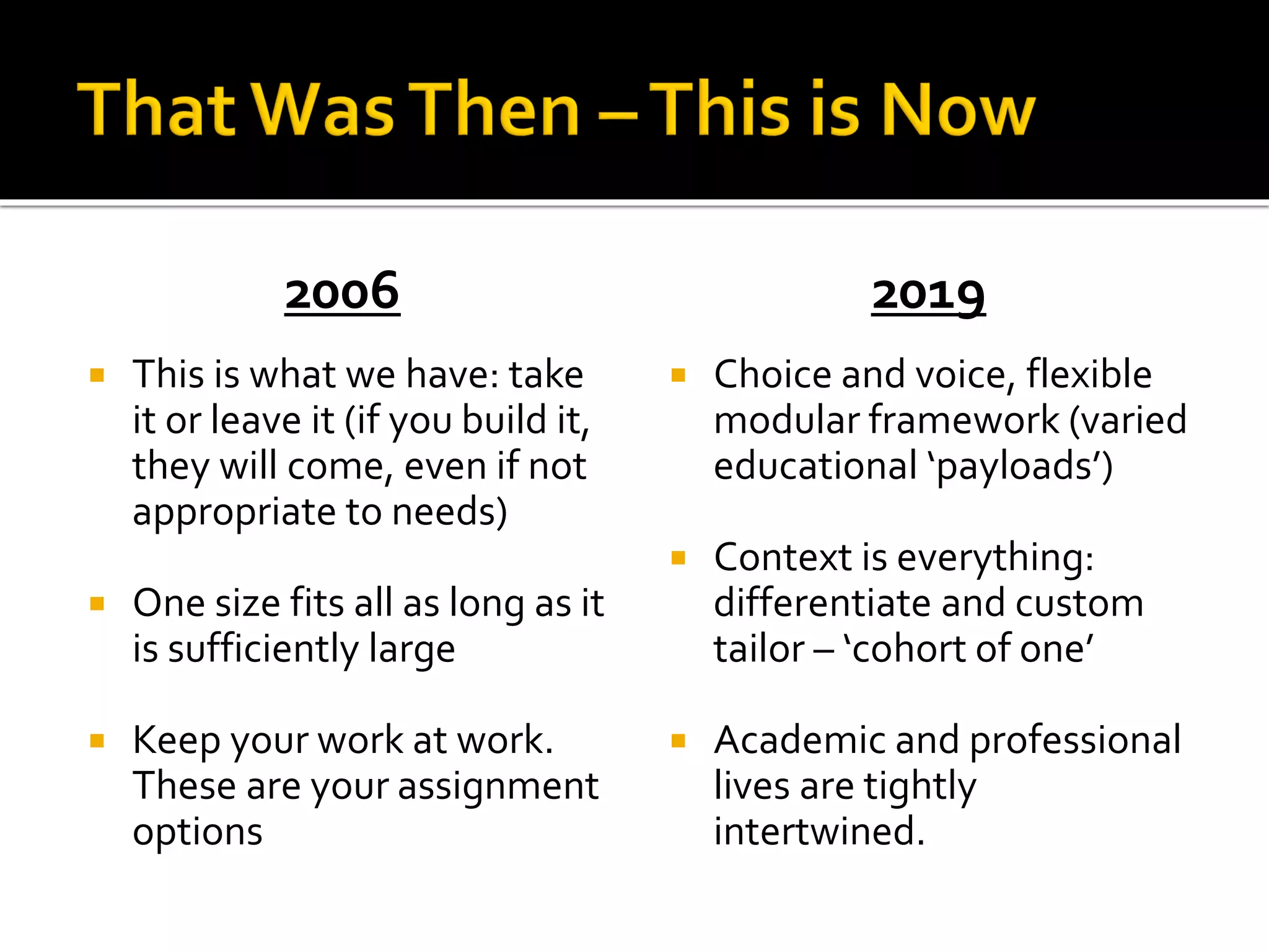 2006
 This is what we have: take
it or leave it (if you build it,
they will come, even if not
appropriate to needs)
 One size fits all as long as it
is sufficiently large
 Keep your work at work.
These are your assignment
options
2019
 Choice and voice, flexible
modular framework (varied
educational ‘payloads’)
 Context is everything:
differentiate and custom
tailor – ‘cohort of one’
 Academic and professional
lives are tightly
intertwined.
 