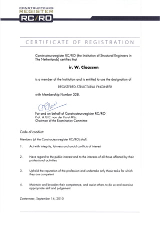 Constructeursregister - Certificate of Registration ir. W. Claassen