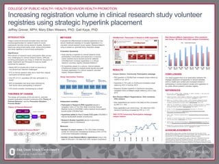 –	
  
Increasing registration volume in clinical research study volunteer
registries using strategic hyperlink placement
Jeffrey Grever, MPH; Mary Ellen Wewers, PhD; Gail Kaye, PhD
INTRODUCTION
Today’s online environment provides many new and
exciting opportunities for research teams to recruit
participants into their clinical research studies. Research
teams are using social media, email, online communities,
and study registries to recruit study participants.1-4
Significance
Recruitment of research study participants often proves
very challenging for clinical research teams. Difficulty
enrolling participants can delay or inhibit the discovery of
better treatments and therapies to improve health
outcomes for patients.5
	
  
•  Nearly 80% of studies fail to finish on time due to
recruitment and retention challenges6
•  67% of clinical research sites fail to meet their original
participant enrollment goals5,6
•  Only 6% of U.S. population will ever participate in a
study5
•  94% of population has never been informed by
their doctor about participating in research5
•  73% would consider volunteering for a study5
The stages of the intervention as they were implemented over time.
PIR hyperlinks in main navigation menu (left) and sub-navigation menu (top) in OSUMyChart.
OSU CCTS Community Participation webpage:
unique visitors
New ResearchMatch registrations: Ohio residents
and living < 50 miles from OSU campus (Columbus)
METHODS
Evaluated the effectiveness of placing hyperlinks on two
secure healthcare websites to increase registration in a
volunteer clinical research study registry (ResearchMatch)
using a pretest vs. post-test study evaluation design.
Evaluation Questions
	
  
•  Does placing a hyperlink to clinical research study
participation information and resources in a secure,
online medical record access portal for patients
(OSUMyChart) increase registration in a clinical
research volunteer registry (ResearchMatch)?
•  Do hyperlinks placed on a secure, internal website
(OneSource) limited to medical center faculty and staff
increase registration in a clinical research volunteer
registry (ResearchMatch)?
RESULTS
	
  
Unique Visitors: Community Participation webpage
	
  
• PIR hyperlink in OSUMyChart increased unique visitors by
1255% in Oct. 2012
• Hyperlinks in Y2C polls on OneSource increased unique
visitors by 43% in Summer 2014
• Research Studies hyperlink in OneSource secondary
navigation menu increased unique visitors by 23% in Sep.
2014
New ResearchMatch Registrations: Ohio residents,
OSU campus
	
  
• New registrations per month in the state of Ohio increased
by 56% (n = 193)
• New registrations per month living < 50 miles from OSU
campus (Columbus) increased by 70% (n = 117)
CONCLUSIONS
Our data suggests there is an association between the
strategic placement of hyperlinks on secure websites
within a health care context and increased interest in
participating in clinical research studies and registration in
an online clinical research volunteer registry.
REFERENCES
1  Koo, M. and H. Skinner (2005). “Challenges of internet recruitment: a case study with
disappointing results.” J Med Internet Res 7(1): e6.
2  Harris, P.A., W. Scott, L. Lebo, N. Hassan, C. Lightner and J. Pulley (2012). “ResearchMatch: a
national registry to recruit volunteers for clinical research.” Acad Med 87(1): 66-73.
3  Mishra, G. D., R. Hockey, J. Powers, D. Loxton, L. Tooth, I. Rowlands, J. Byles and A. Dobson
(2014). “Recruitment via the Internet and social networking sites: the 1989-1995 cohort of the
Australian Longitudinal Study on Women’s Health.” J Med Internet Res 16(12): e279.
4  Valdez, R.S., T.M. Guterbock, M.J. Thompson, J.D. Reilly, H.K. Menefee, M.S. Bennici, I.C. Williams
and D.L. Rexrode (2014). “Beyond traditional advertisements: leveraging Facebook’s social
structures for research recruitment.” J Med Internet Res 16(10): e243.
5  Handen, J.S. (2015). Re-inventing Drug Development. Boca Raton, FL, CRC Press.
6  Bairu, M. and M.W. Weiner (2014). Global Clinical Trials for Alzheimer’s Disease Design,
Implementation, and Standardized Preface: xiii-xiv.
7  Ajzen, I. (1991). “The theory of planned behavior.” Organizational Behavior and Human Decision
50: 179-211.
8  Weinstein, N.D. and P.M. Sandman (1992). “A model of the precaution adoption process: evidence
from home radon testing.” Health Psychol 11(3): 170-180.
9  BUSPH. (2013). “The Theory of Planned Behavior.” Behavioral Change Models Retrieved Mar. 27,
2015, from http://sphweb.bumc.bu.edu/otlt/MPH-Modules/SB/SB721-Models/SB721-Models3/html.
10  Stanger-Hall, K.F. and D.W. Hall (2011). “Abstinence-only education and teen pregnancy rates: why
we need comprehensive sex education in the U.S.” PLoS One 6(10): e24658.
ACKNOWLEDGEMENTS
Special thanks to Rose Hallarn and Blair Gonsenhauser from the OSU CCTS’s
Recruitment and Retention program and Carson Reider, PhD, and Michael Para, MD,
from the OSU CCTS’s Regulatory Knowledge and Support program.
The project described was supported by award number 8UL1TR000090-05 from the
National Center for Advancing Translational Sciences. The content is solely the
responsibility of the authors and does not necessarily represent the official views of the
National Center for Advancing Translational Sciences or the National Institutes of Health.
COLLEGE OF PUBLIC HEALTH / HEALTH BEHAVIOR HEALTH PROMOTION
THEORIES OF CHANGE	
  
The design and analysis of this pre-test vs. post-test
program evaluation included constructs of the Theory of
Planned Behavior7 and the Precaution Adoption
Process Model.8
Study Intervention Timeline
OSUMyChart: Participate in Research (PIR) hyperlinks
CPH.OSU.EDU
Theory of Planned Behavior9
Precaution Adoption Process Model10
Independent variables
	
  
• Participate in Research (PIR) hyperlink placed in
navigation menu of The Ohio State University Wexner
Medical Center’s (OSUWMC) online medical record patient
access portal (OSUMyChart)
• Hyperlinks added to Your 2 Cents (Y2C) polls OSUWMC’s
internal faculty/staff website (OneSource)
• Research Studies hyperlink placed in secondary
navigation menu in OneSource
Measures
	
  
• Number of unique visitors to The Ohio State University
Center for Clinical and Translational Science’s (OSU CCTS)
Community Participation webpage
• Number of new ResearchMatch registrations living in the
state of Ohio and < 50 miles from OSU campus (Columbus)
 