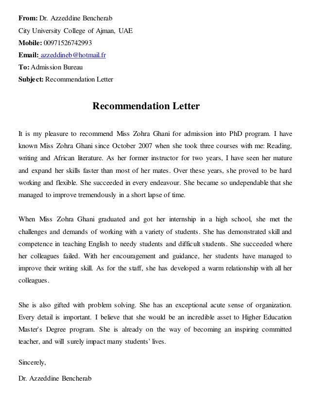 recommendation letter from dr bencherab email subject for recommendation letter