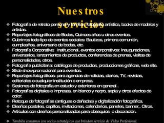 NUESTROS VALORES   Compromiso con el cliente:  Este es el principal de nuestros valores y sobre el cual gira todo nuestro actuar y trabajo. Consideramos la valoración positiva y la satisfacción de nuestros clientes como el indicador máximo de nuestro éxito como empresa, por eso siempre buscamos conocer sus deseos y necesidades y sobrepasar sus expectativas.   Responsabilidad:  Procuramos que todos nuestros procesos se realicen con planificación, atención en los detalles y cumplimiento de los plazos y de lo acordado con el cliente.   Innovación y mejora continua:  Estamos siempre a la vanguardia, a nivel profesional y tecnológico. Somos creativos y estamos abiertos a nuevas ideas. Pues sabemos que nuestro trabajo es útil al cliente si está satisfecho y le ayudamos a cumplir sus objetivos. Nuestra mejora continua es la garantía de nuestra calidad y diferencia en el mercado.   Transparencia y honestidad:  Promovemos una comunicación efectiva de ideas y opiniones, basada en el respeto mutuo, la transparencia y la honestidad de las personas que integran nuestra empresa. Así como un trato cordial y honesto con nuestros clientes. 