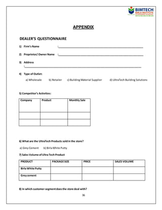 36
APPENDIX
DEALER’S QUESTIONNAIRE
1) Firm’s Name :___________________________________________________________
2) Proprietor/ Owner Name :___________________________________________________________
3) Address
:_________________________________________________________________________________
4) Type of Outlet:
a) Wholesale b) Retailer c) Building Material Supplier d) UltraTech Building Solutions
5) Competitor’s Activities:
Company Product Monthly Sale
6) What are the UltraTech Products soldin the store?
a) Grey Cement b) BirlaWhite Putty
7) Sales Volume ofUltra Tech Product
PRODUCT PACKAGESIZE PRICE SALES VOLUME
Birla White Putty
Greycement
8) In which customer segmentdoesthe store deal with?
 