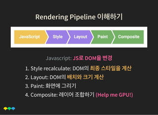 Rendering Pipeline 이해하기Rendering Pipeline 이해하기
Javascript: JS로DOM을변경
1. Style recalculate: DOM의최종스타일을계산
2. Layout: DOM의배치와크기계산
3. Paint: 화면에그리기
4. Composite: 레이어조합하기(Help me GPU!)
 