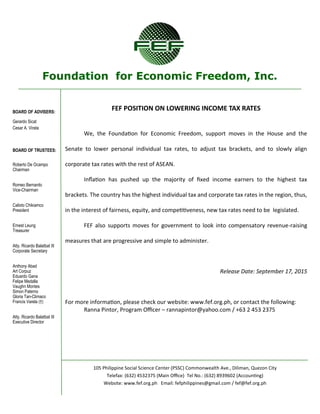 Foundation for Economic Freedom, Inc.
BOARD OF ADVISERS:
Gerardo Sicat
Cesar A. Virata
BOARD OF TRUSTEES:
Roberto De Ocampo
Chairman
Romeo Bernardo
Vice-Chairman
Calixto Chikiamco
President
Ernest Leung
Treasurer
Atty. Ricardo Balatbat III
Corporate Secretary
Anthony Abad
Art Corpuz
Eduardo Gana
Felipe Medalla
Vaughn Montes
Simon Paterno
Gloria Tan-Climaco
Francis Varela (†)
Atty. Ricardo Balatbat III
Executive Director
105 Philippine Social Science Center (PSSC) Commonwealth Ave., Diliman, Quezon City
Telefax: (632) 4532375 (Main Office) Tel No.: (632) 8939602 (Accounting)
Website: www.fef.org.ph Email: fefphilippines@gmail.com / fef@fef.org.ph
FEF POSITION ON LOWERING INCOME TAX RATES
We, the Foundation for Economic Freedom, support moves in the House and the
Senate to lower personal individual tax rates, to adjust tax brackets, and to slowly align
corporate tax rates with the rest of ASEAN.
Inflation has pushed up the majority of fixed income earners to the highest tax
brackets. The country has the highest individual tax and corporate tax rates in the region, thus,
in the interest of fairness, equity, and competitiveness, new tax rates need to be legislated.
FEF also supports moves for government to look into compensatory revenue-raising
measures that are progressive and simple to administer.
Release Date: September 17, 2015
For more information, please check our website: www.fef.org.ph, or contact the following:
Ranna Pintor, Program Officer – rannapintor@yahoo.com / +63 2 453 2375
 