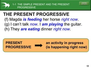 12
THE PRESENT PROGRESSIVE
PRESENT an activity in progress
PROGRESSIVE (is happening right now)
(f) Magda is feeding her horse right now.
(g) I can’t talk now. I am playing the guitar.
(h) They are eating dinner right now.
1-1 THE SIMPLE PRESENT AND THE PRESENT
PROGRESSIVE
 