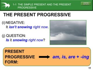 13
PRESENT
PROGRESSIVE am, is, are + -ing
FORM:
(i) NEGATIVE:
It isn’t snowing right now.
(j) QUESTION:
Is it snowing right now?
THE PRESENT PROGRESSIVE
1-1 THE SIMPLE PRESENT AND THE PRESENT
PROGRESSIVE
 