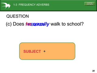 30
FREQ ADV(c) Does he usually walk to school?
SUBJECT +
QUESTION
1-3 FREQUENCY ADVERBS
 