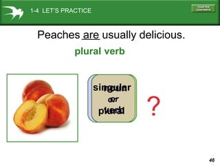46
noun
or
verb
Peaches are usually delicious.
singular
or
plural
verb
?
plural
1-4 LET’S PRACTICE
 