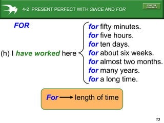 13
(h) I have worked here
for fifty minutes.
for five hours.
for ten days.
for about six weeks.
for almost two months.
for many years.
for a long time.
For length of time
FOR
4-2 PRESENT PERFECT WITH SINCE AND FOR
 